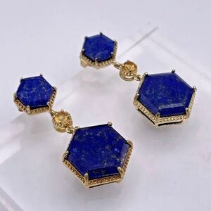 Rarities: 22 Gold on Sterling Silver (925) - Lapis Hexagon Drop Earrings